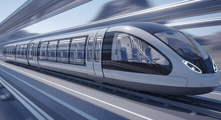 Obraz premium A futuristic high-speed maglev train traveling at speed representing the future of public transportation.