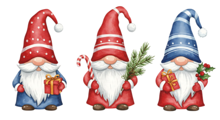 Three charming watercolor christmas gnomes with festive hats and gifts isolated on transparent background
