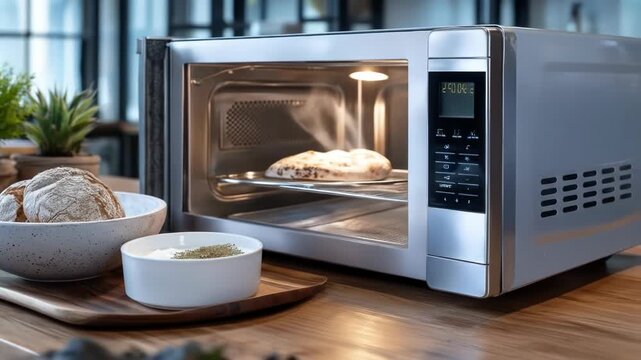 Open microwave with bread, dip, and rolls