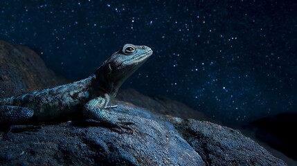 Lizard Looking at Stars at Night on Rock in Nature