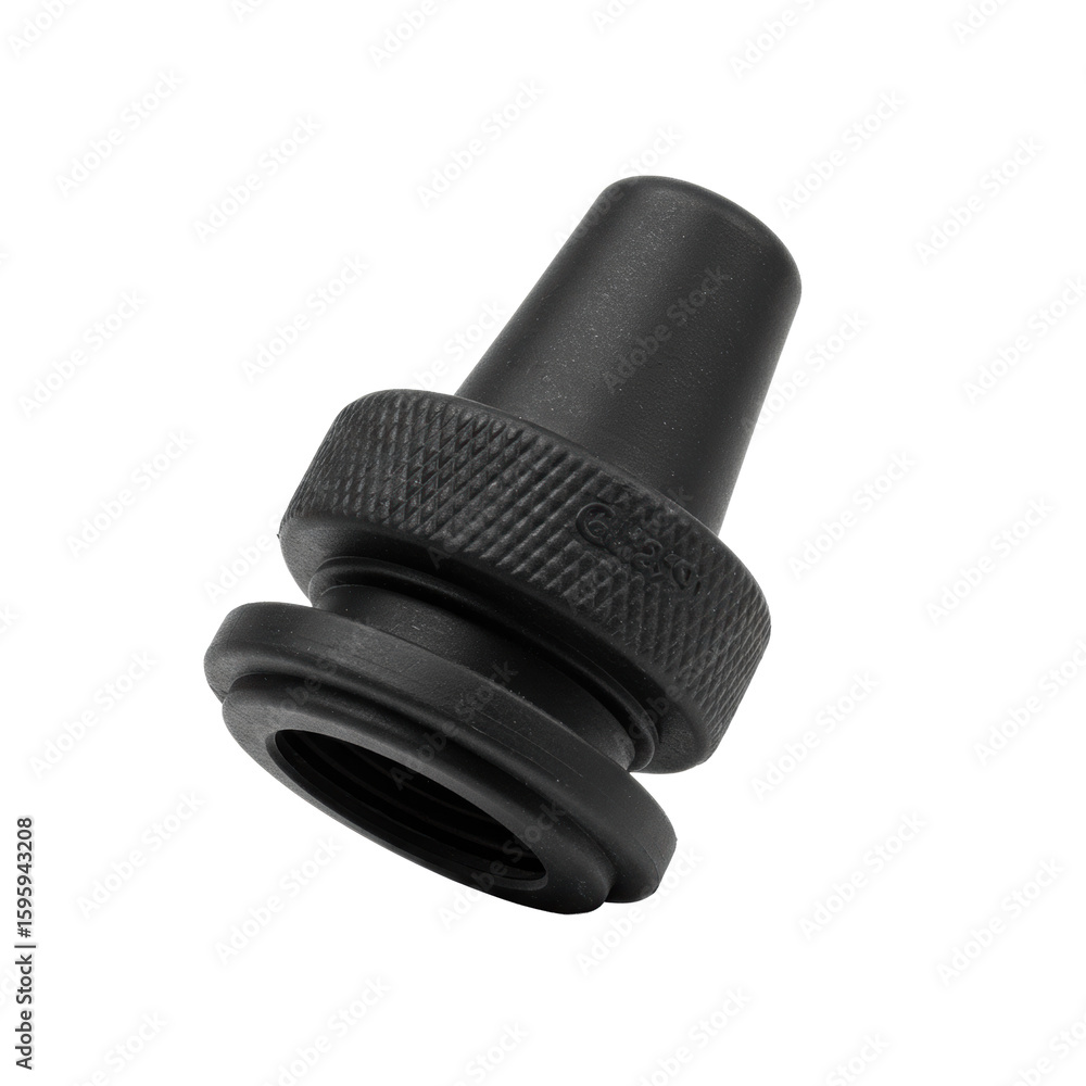 Poster a single, matte black rubber scupper plug for sit-on-top kayaks, conical with a flat flange, present
