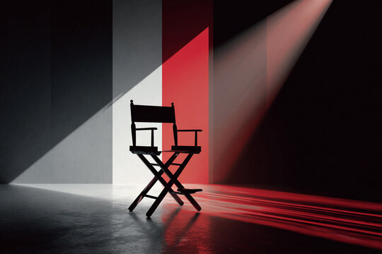 A minimalist film studio setup featuring a silhouette chair under a spotlight