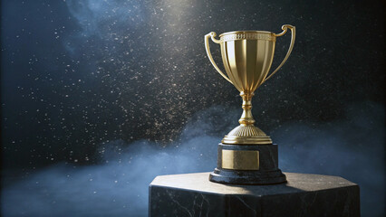 Dramatic Golden Trophy Award on Dark Marble Pedestal