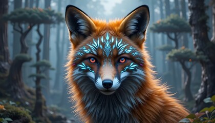 "Portrait of a fox with holographic tribal face marks, set in a high-tech forest with floating trees"
