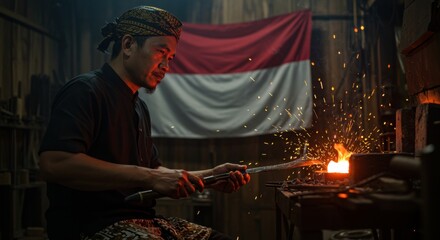 Indonesian Blacksmith Forging Metal with Sparks Flying in a Traditional Workshop