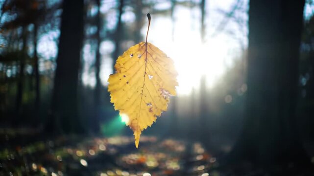 Autumnal serenity unfolds, with a single leaf dancing in the forest's embrace, bathed in sunlight