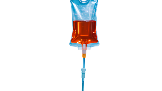 Medical IV drip bag with orange liquid isolated on white for healthcare and hospital concept
