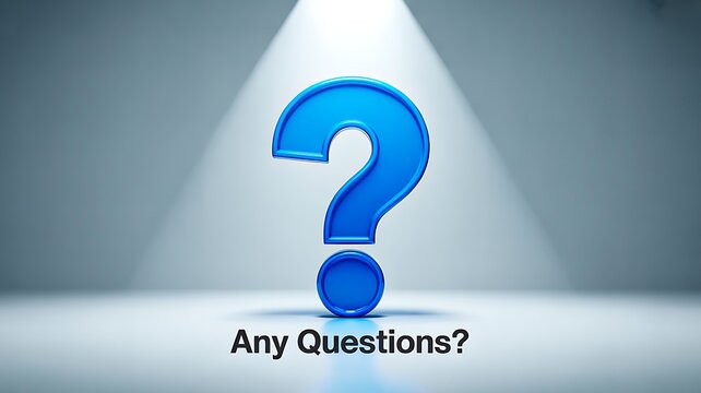 Large blue question mark under spotlight with text any questions on gradient background
