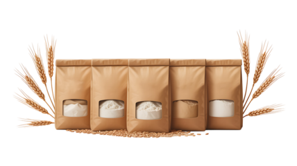 Flour packaging in kraft paper bags with wheat ears and grains isolated on white
