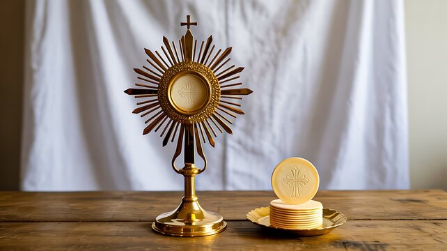 Catholic monstrance and communion wafers on wooden table with white cloth background
