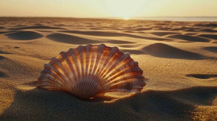 A delicate seashell rests on the golden beach at sunset.