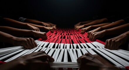 Collaborative Creation: Hands Weaving Red and White Threads into a Tapestry of Unity and Teamwork