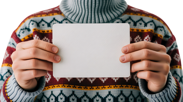 Person in winter sweater holding blank white card for mockup or message display
