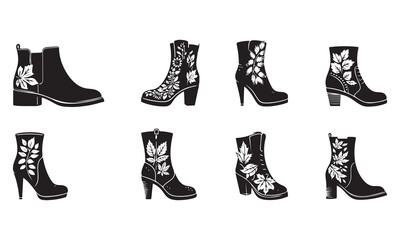 Set of Elegant Ankle Boots with Leafy Embellishments silhouette Vector Art