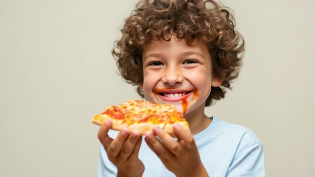 Joyful child enjoying pizza slice with delightful expressions
