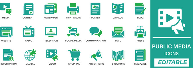 Mass Media & Communication Icon Set. Flat vector icons for journalism, news, social media, PR, and digital content. Great for media platforms, marketing, and online communication.