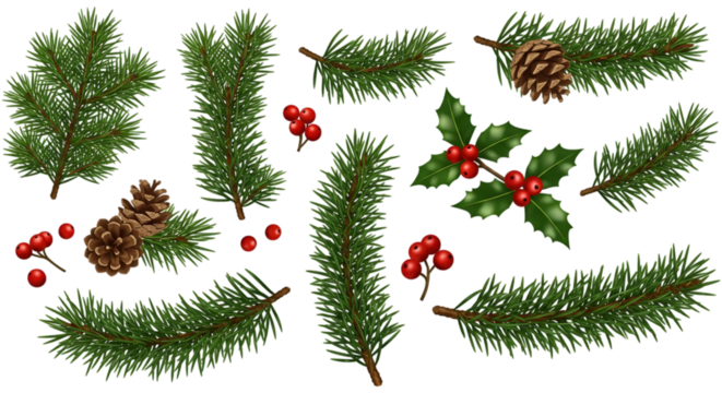 Collection of festive evergreen branches with pine cones and holly berries isolated on transparent background