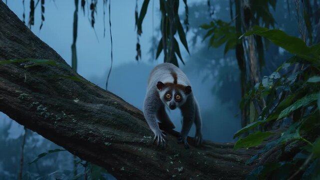 A Javan slow loris with large reflective eyes moves cautiously along a tree branch. The twilight sets a serene atmosphere in the dense Southeast Asian rainforest, showcasing its unique beauty