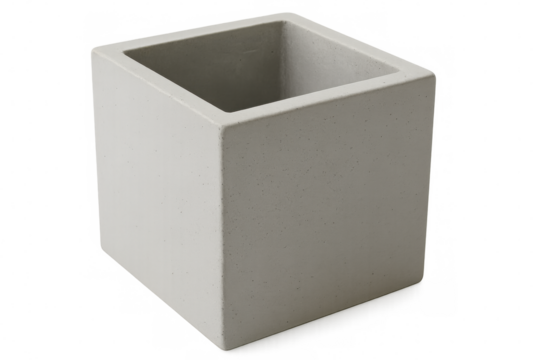Sleek white cubic concrete planter, minimalist design highlighting contemporary botanical styling against transparent backdrop
