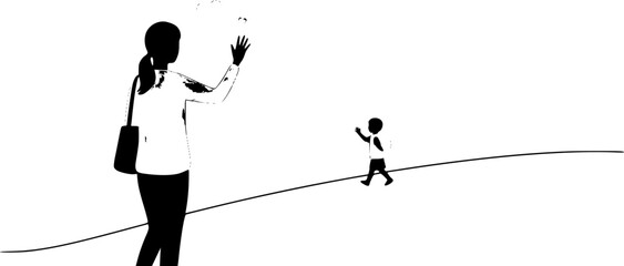 A silhouette vector of a mother waving goodbye to her child at school, sentimental and sweet.
