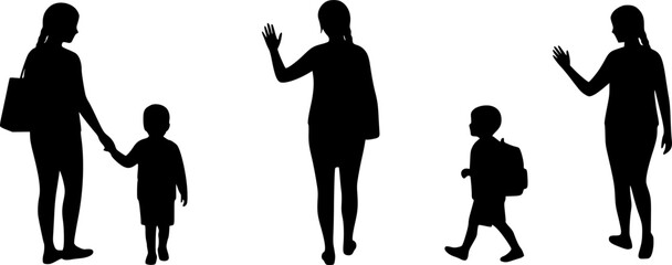 A silhouette vector of a mother waving goodbye to her child at school, sentimental and sweet.
