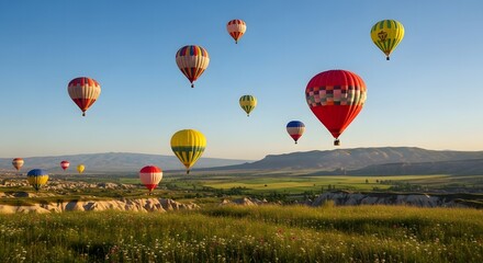 Fototapeta premium Cappadocia Sunrise: Colorful Hot Air Balloons Soaring Over Fairy Chimneys and Blooming Meadows