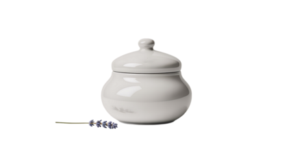 White ceramic jar with lid and lavender flower isolated on white for skincare or storage
