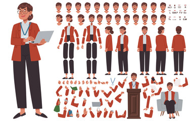 Fototapeta na wymiar Business woman character constructor. Speaker, politician or businesswoman. Set of hands legs body and head positions for creating animation