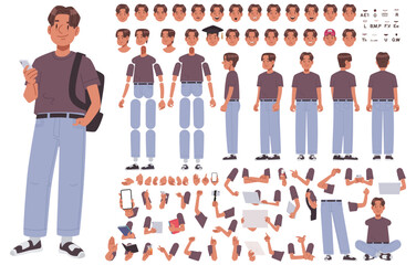 Young college student guy character constructor. Set of hands legs body and head positions for creating animation