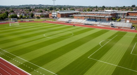 Obraz premium Aerial View of a Well-Maintained Soccer Field, Stadium, and Surrounding Landscape