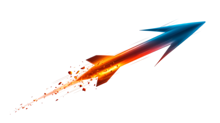 Blue and red dynamic speed arrow with trail and explosion effect isolated on white
