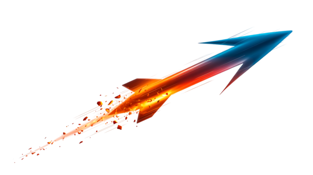 Blue and red dynamic speed arrow with trail and explosion effect isolated on white
