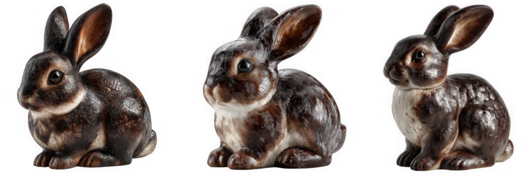 Three fluffy brown rabbits sitting and looking in different directions isolated on transparent background