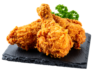 Three pieces of crispy fried chicken drumsticks are arranged on a black slate board with a sprig of parsley isolated on transparent background. Crispy fried chicken clipart.