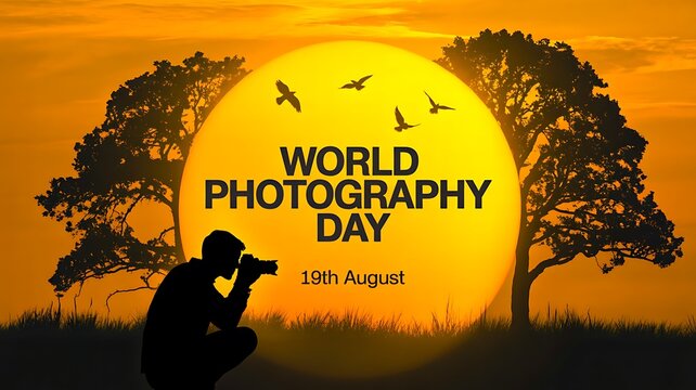 World Photography Day 19th August banner with sunset background and silhouette of photographer
