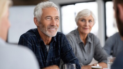 Elderly caucasian male and female in casual meeting setting.