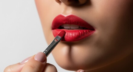 Ultra-sharp 2025 DSLR close-up of vibrant red matte liquid lipstick application on smooth lips, warm cinematic lighting, editorial beauty photography