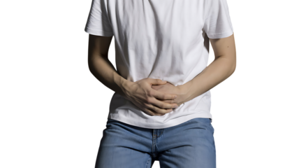 Man suffering from stomach pain and digestive issue isolated on white background
