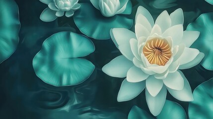 White Water Lilies and Green Lily Pads Floating on Water