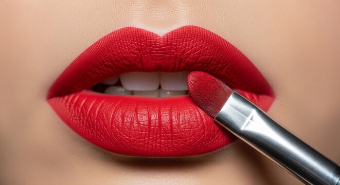 Ultra-sharp 2025 DSLR close-up of vibrant red matte liquid lipstick application on smooth lips, warm cinematic lighting, editorial beauty photography