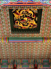 경복궁 근정전 천장의 황금 쌍룡 조각과 화려한 단청
