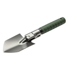 Unfolded folding camp shovel with matte steel blade, ergonomic textured handle, visible hinge, isolated on pristine transparent seamless studio background with shadowless lighting. Commercial product