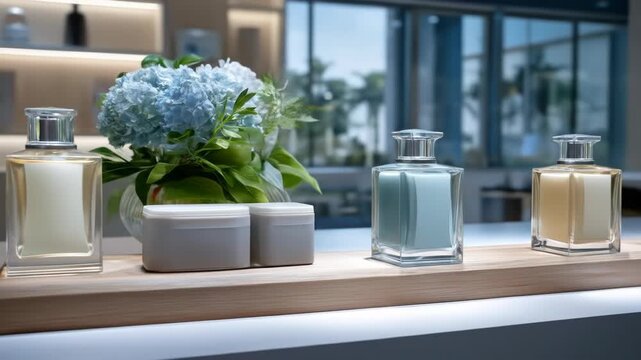 A display of fragrances in glass bottles and containers, alongside a bouquet of blue flowers. The bottles are arranged on a wooden shelf