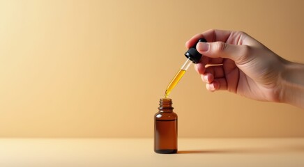 Someone is holding a bottle of essential oil with a dropper