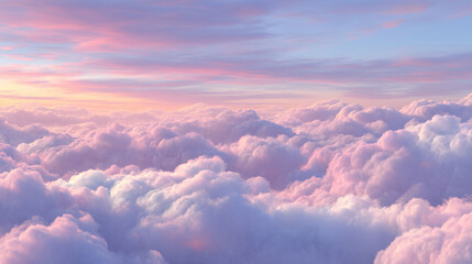Expansive pastel cloudscape at sunrise delicate pink and purple hues