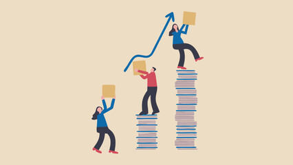 People climbing stacks of books holding boxes with an upward trending arrow in the background