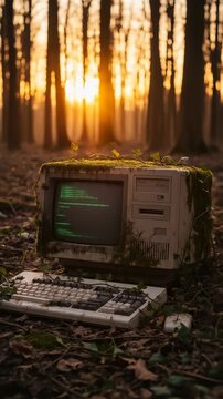 Vintage Computer Surrounded by Moss in a Forest during Sunset Glow in Nature's Embrace