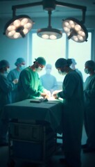 Fototapeta premium Generative AI image depicting surgeons operating under bright lights in a modern surgical theater