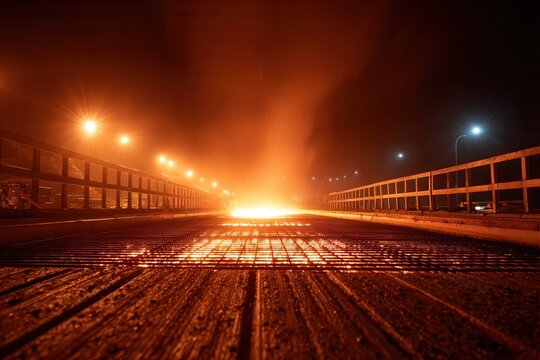 Fiery glow on nighttime bridge: atmospheric nightlights and intense brightness.