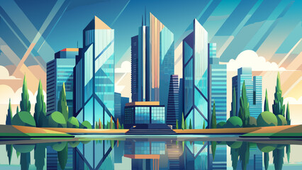 Glass-clad high-rise buildings stand tall beside an urban lake, with their reflections creating a near-perfect mirror image on the water below. The contrast of geometry and nature adds visual appeal
